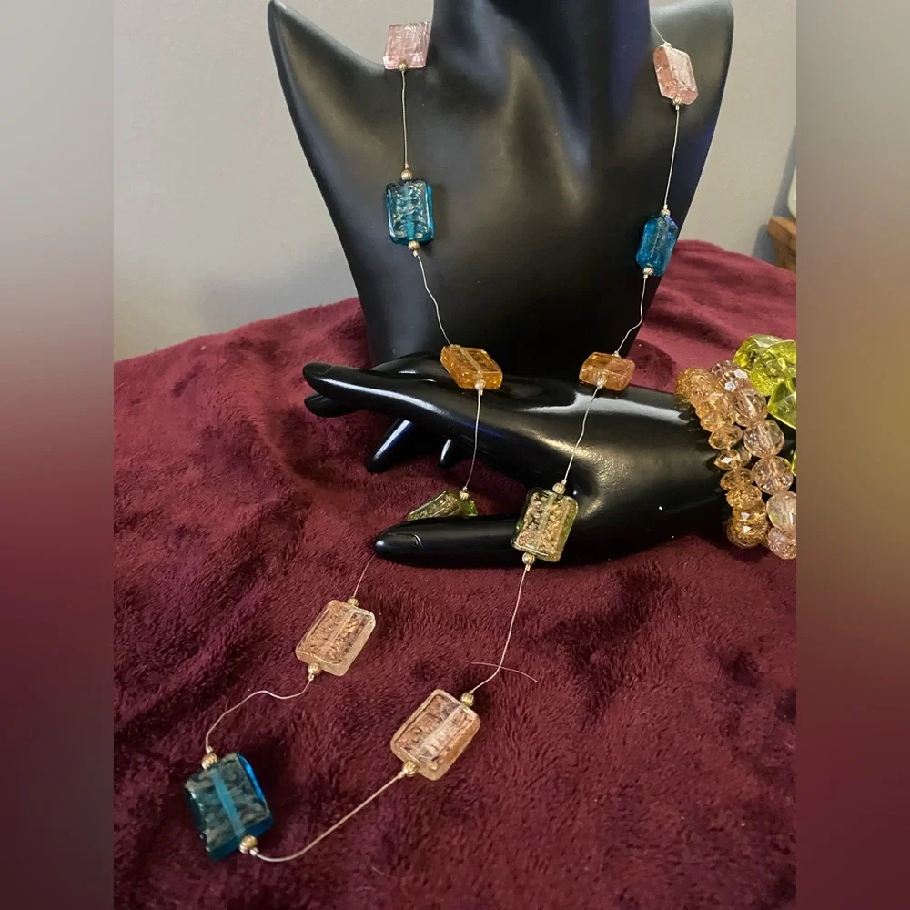 Murano Glass Beaded 32” Necklace, Hair Barrettes, Bracelet Set